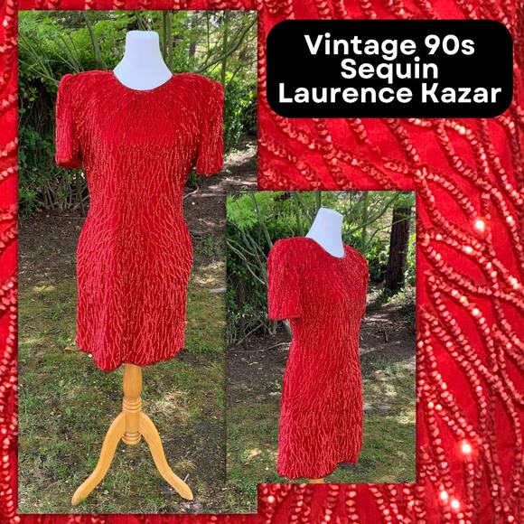 Petite Vintage 90s Red Sequin Cocktail Christmas Valentines Dress Fall Winter - Picture 1 of 10